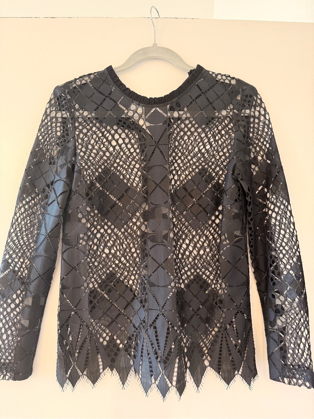 Sandro Black Crochet Lace Long Sleeve Top